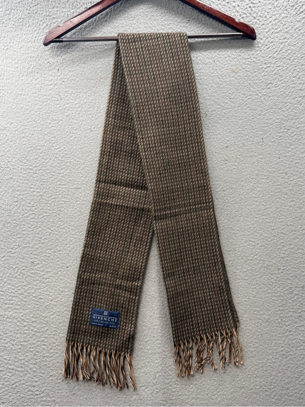 Givenchy Men’s Brown Green Houndstooth 100% Pure New Wool Scarf Vintage Fringe